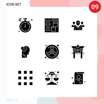 9 conjunto de glifos sólidos universales para aplicaciones web y móviles, sentimientos mentales, equipo, persona, líder, elementos de diseño vectorial editables vector