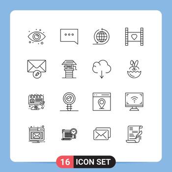 conjunto de pictogramas de 16 contornos simples de elementos de diseño de vectores editables de luna de miel de boda de red comercial de correo de escritura
