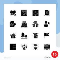 Pack of 16 Modern Solid Glyphs Signs and Symbols for Web Print Media such as text note web world internet Editable Vector Design Elements