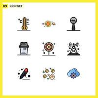 paquete de iconos de vector de stock de 9 signos y símbolos de línea para cocinar equipos de sistema solar basura elementos de diseño de vector editables de música