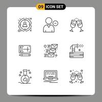 Pack of 9 Modern Outlines Signs and Symbols for Web Print Media such as online mobile profile couple juice Editable Vector Design Elements