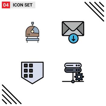 paquete de color plano de línea de llenado de 4 símbolos universales de la base de datos de astronautas correo proteger elementos de diseño vectorial editables del servidor vector