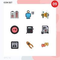 paquete de 9 modernos signos y símbolos de colores planos de línea rellena para medios de impresión web, como elementos de diseño de vectores editables de la aplicación de interfaz de temporizador móvil de regreso a la escuela