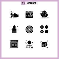 Set of 9 Vector Solid Glyphs on Grid for buttons fast food circle salon beauty Editable Vector Design Elements