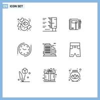 Editable Vector Line Pack of 9 Simple Outlines of building time business clock pen Editable Vector Design Elements