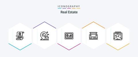 paquete de iconos de 25 líneas de bienes raíces que incluye alquiler. junta . bienes raíces. real vector
