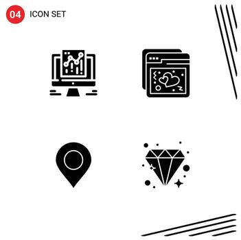 Mobile Interface Solid Glyph Set of 4 Pictograms of analytics marker web ux brilliant Editable Vector Design Elements