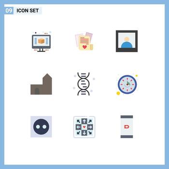 Mobile Interface Flat Color Set of 9 Pictograms of science dna man medieval castle tower Editable Vector Design Elements