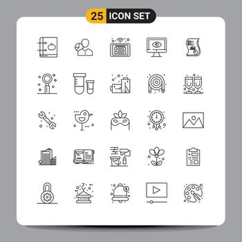 paquete de 25 signos y símbolos de líneas modernas para medios de impresión web, como elementos de diseño de vectores editables de acceso al panel de empleados inteligentes del monitor
