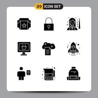 Pack of 9 Modern Solid Glyphs Signs and Symbols for Web Print Media such as file storage cloud reporting player cart monitor Editable Vector Design Elements