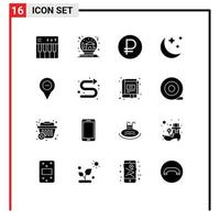 Universal Icon Symbols Group of 16 Modern Solid Glyphs of location moon globe crescent money Editable Vector Design Elements