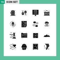 Group of 16 Modern Solid Glyphs Set for solution idea lover bulb sold sign Editable Vector Design Elements