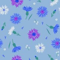 Seamless pattern with blue purple and white cornflowers. Vector graphics.