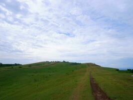 Green grass field on small hills and blue sky with clouds and dirt trails in Indonesia photo