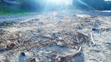 Dirty Coastline lots of trash and tree branches, sand beach,Boat,Sunlight photo