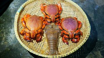 el cangrejo o los mariscos se almacenan en un recipiente tejido de bambú o ayakaan foto