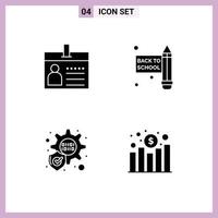 Mobile Interface Solid Glyph Set of 4 Pictograms of badge increase id pencil revenue Editable Vector Design Elements