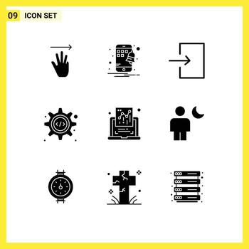Mobile Interface Solid Glyph Set of 9 Pictograms of report document enter chart source code Editable Vector Design Elements