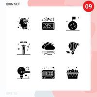 Mobile Interface Solid Glyph Set of 9 Pictograms of weather laboratory romantic flasks biology Editable Vector Design Elements