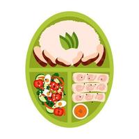 Bento with rice, meat, rolled sheets and vegetable salad. Japanese take-out dish. vector