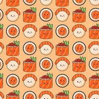 Seamless pattern with various kawaii sushi on orange background. vector