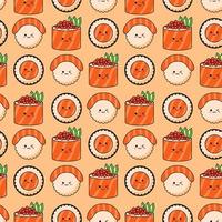 Seamless pattern with various kawaii sushi on orange background. vector