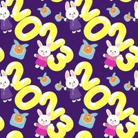 2023 Gyemyo Year New Year's Rabbit Character. A pattern of rabbit faces, the numbers 2023, gifts on a pink background. Bright New Year's colored background for printing on textiles and paper. vector