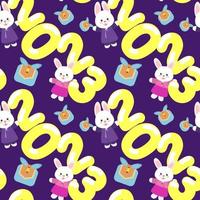 2023 Gyemyo Year New Year's Rabbit Character. A pattern of rabbit faces, the numbers 2023, gifts on a pink background. Bright New Year's colored background for printing on textiles and paper. vector