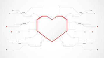 Resumen de fondo de San Valentín de tecnología de corazón rojo blanco. tecnología con línea, digital, corazón, punto, alta tecnología, concepto de San Valentín, vector. corazón tecnológico para el día de san valentín, fondo, banner web. vector