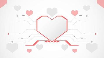 Resumen de fondo de San Valentín de tecnología de corazón rojo blanco. tecnología con línea, digital, corazón, punto, alta tecnología, concepto de San Valentín, vector. corazón tecnológico para el día de san valentín, fondo, banner web. vector