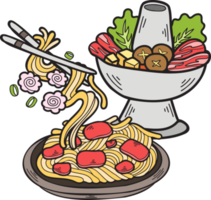Hand Drawn Hot Pot and Noodles Chinese and Japanese food illustration