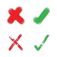 Set of green check mark and red cross handdrawn brush icon. vector