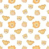 Seamless pattern with jungle cute animal characters. Funny elephant, giraffe, lion, tiger,monkey. Children pattern. Faces of wild animals. Vector illustration on white background.
