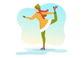 gente patinando en la pista de hielo con ropa de invierno para actividades al aire libre o recreación deportiva en dibujos animados planos dibujados a mano ilustración de plantillas vector