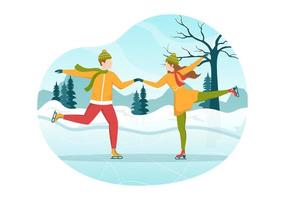 gente patinando en la pista de hielo con ropa de invierno para actividades al aire libre o recreación deportiva en dibujos animados planos dibujados a mano ilustración de plantillas vector