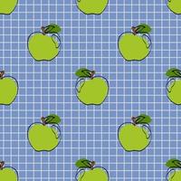 Seamless pattern with apple on blue background. Continuous one line drawing apple. Black line art on blue  background with colorful spots. Vegan concept vector