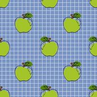 Seamless pattern with apple on blue background. Continuous one line drawing apple. Black line art on blue  background with colorful spots. Vegan concept vector