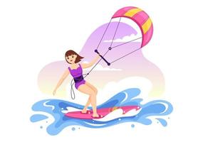 ilustración de kitesurf con kite surfista de pie en kiteboard en el mar de verano en deportes acuáticos extremos plantilla dibujada a mano de dibujos animados planos vector