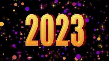 texte 2023 animation et boules de noël volantes isolées sur fond noir, 2023 nouvel an, modèle de conception joyeux 2023 nouvel an concept vacances animer carte video