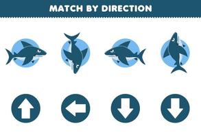 juego educativo para niños emparejar por dirección izquierda derecha arriba o abajo orientación de lindo tiburón de dibujos animados hoja de trabajo subacuática imprimible vector