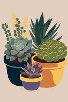 plantas en maceta suculentas color plano estilo vector fondo cartel arte impresión