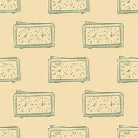 Chess clock engraved seamless pattern. Retro watch for chess game in hand drawn style. Sketch texture for fabric, wallpaper, textile, print, title, wrapping paper. Vector illustration.