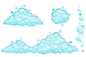 Soap foam set with bubbles. Carton light blue suds of bath water, shampoo, shaving, mousse. Vector illustration isolated on white background.