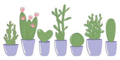 Big vector set different kinds of cactuses in pots. Home plants in pots isolated on white background. Round cactus, heart cactus, cactus with pink flowers, sharp cactus.