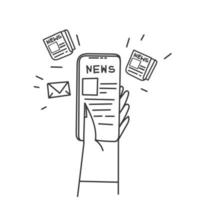 doodle dibujado a mano leyendo noticias en el vector de ilustración de teléfono móvil