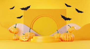 3d Render, Happy Halloween Day background with Podium stand product and night scene and cute spooky design. Halloween pumpkins, skull, ghost and spider decorations on dark orange background. photo