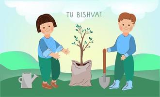 niños con árboles jóvenes para plantar .tu bishvat. fiesta judía. año nuevo para los árboles. ilustración de fideos de dibujos animados vectoriales. vector