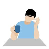 retrato de un tipo con una taza en las manos en la mesa, el tipo está pensando en algo, vector plano, aislado en blanco, ilustración sin rostro, pausa para el té