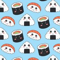 Seamless pattern with sushi in kawaii style. Sushi in kawaii style. Cute cartoon face rolls. Vector illustration.