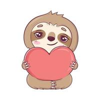 Cute sloth Kawaii character hugging heart for Valentine's Day vector